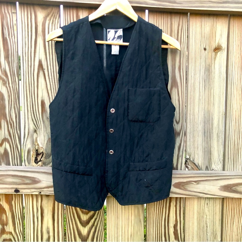 VTG Diane Gilman 100% Silk Quilted Vest Black Pockets Sz. Medium